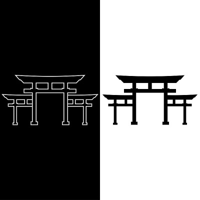 鸟居的迹象。日本传统的门。日本神道教的象征。线的艺术。孤立的图标在黑色，白色的背景。网站、海报、名片