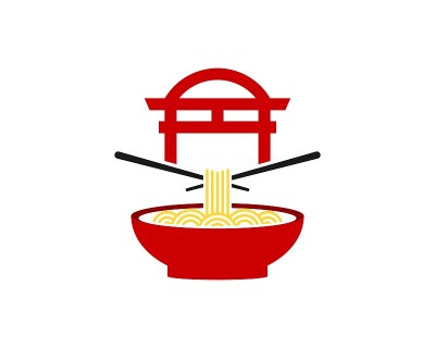 红色的碗，上面有面条和中国的大门