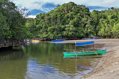邦加船在砂糖海滩的多沙沼泽河后。Sipalay-Philippines。0479