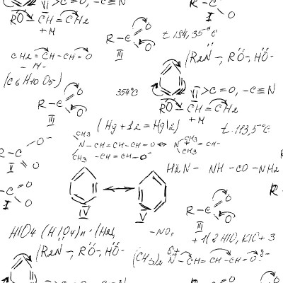 化学无缝模式与手写的各种公式和分子结构和图表。原子几何。大学讲座。科学研究如炼金术。向量。