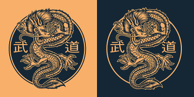 黑色和白色的亚洲龙的插图