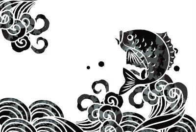 海啸和鱼打印风格矢量插图