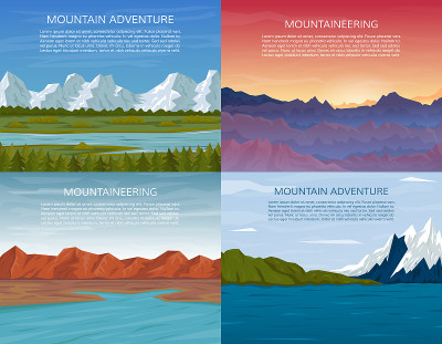 山的风景。登山、徒步、登山或旅行横幅收藏。矢量插图。