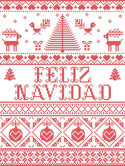 圣诞图案Feliz Navidad矢量无缝图案灵感来自北欧文化节日冬季十字绣心，雪花，雪，圣诞树，驯