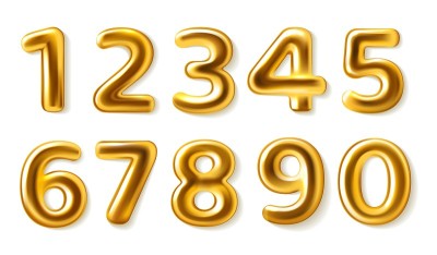 金色的数字。从0到9的写实金属丰满数字，光滑的金属豪华派对装饰，3d圆形贺卡设计，气球标志。向量独立