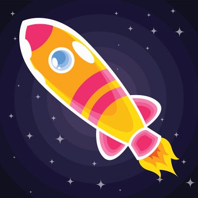 带有舷窗的橙色带粉色条纹的太空火箭在星际间飞行