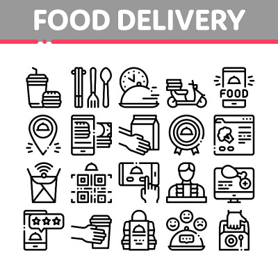 食品配送服务收集图标设置矢量