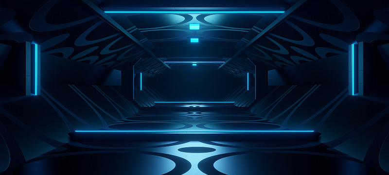 科幻数字技术结构空间暗照明与黑色宇宙飞船建筑横幅或标题3D插图