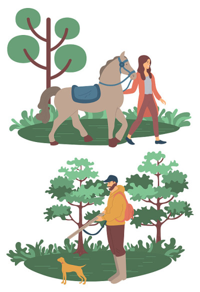 女人与马，男人与狗狩猎矢量