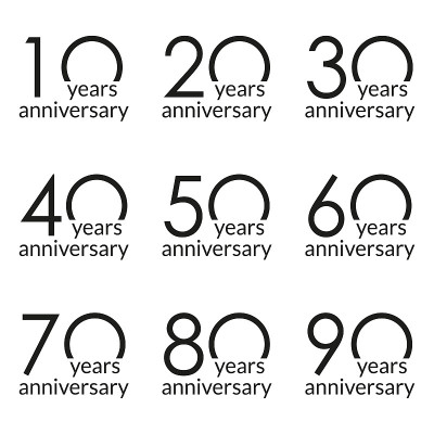 周年标志。10年,20年,30、40、50、60、70、80、90年庆祝。生日设计模板。矢量插图。