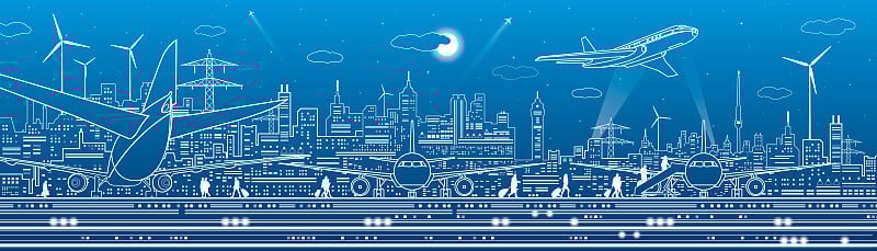 航空全景。城市机场基础设施示意图。乘客登机了。轮廓交通形象。矢量设计艺术
