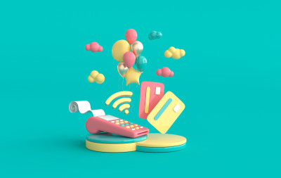 POS机，讲台上的信用卡，气球，wifi符号，云。网上购物和交付概念3d渲染