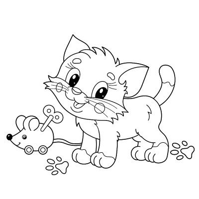 彩页轮廓的卡通小猫与玩具发条老鼠。可爱顽皮的小猫。宠物。儿童涂色本