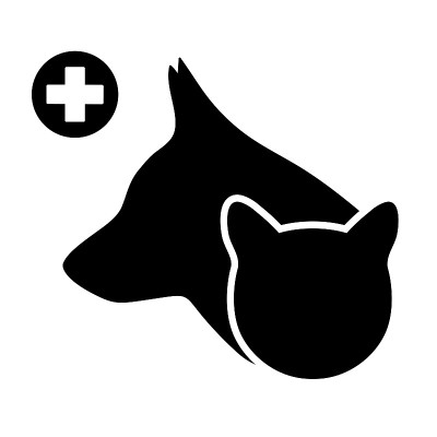 兽医标志插图。狗和猫在医学交叉的背景上。