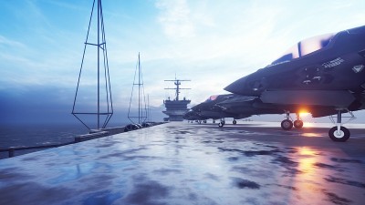 F-35战斗机已经在航母上准备起飞。三维渲染