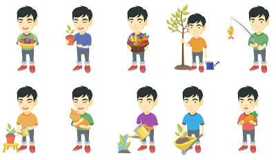 小亚洲男孩矢量插图集