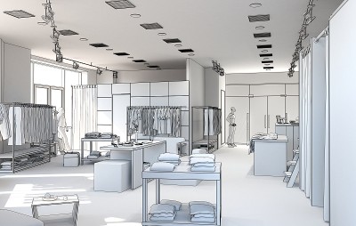 购物中心，室内可视化，3D插图