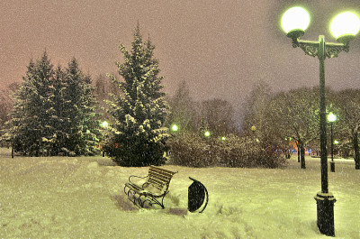 下雪的夜晚，城市公园