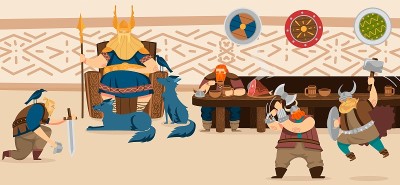 维京人和斯堪的纳维亚武士就餐卡通矢量插图
