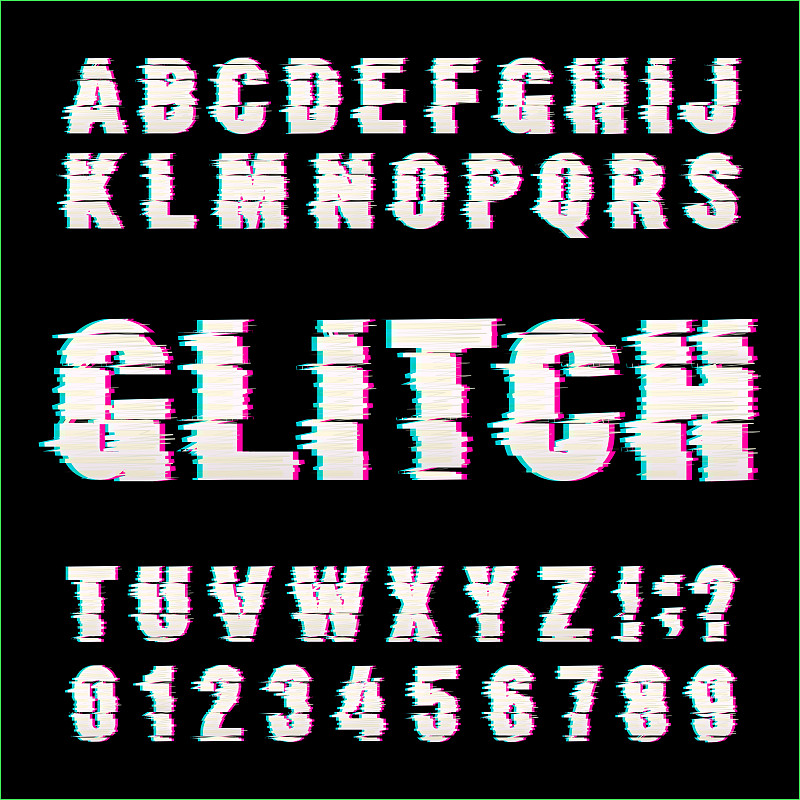 Glitch alphabet font. Damaged type letters and num