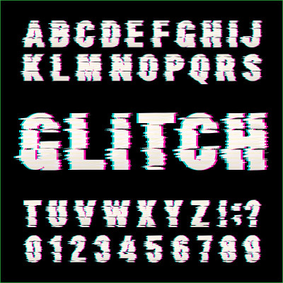 Glitch alphabet font. Damaged type letters and num