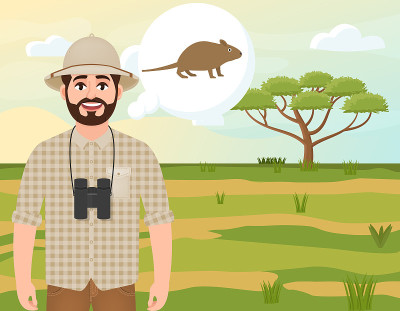 Happy man in cork hat, animal hunter thinks a mous