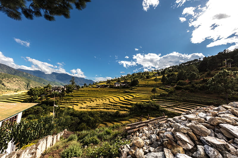 风景宽广的角度全景俯瞰不丹的风景