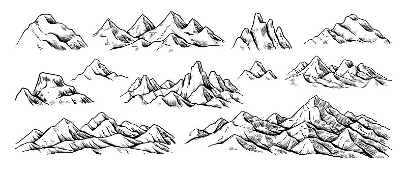洛基山脉草图。手绘自然景观版画。徒步旅行和爬山顶的背景。风景秀丽的悬崖和山峰全景。高原风光。矢量轮廓