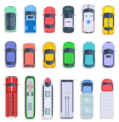 俯视图公共交通。出租车、警车、公交车、救护车。货车，火车和消防车平面矢量集