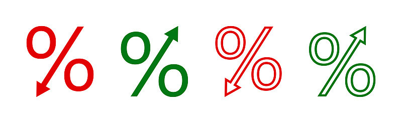 百分比图标。用箭头表示下降和上升的百分比。利率的增减。象征价格、成本和gdp的损失或增长。利润减少的