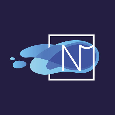 N字母图标在方形框架在水彩流背景
