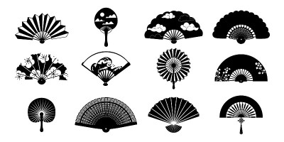 黑纸风扇。孤立的剪影中国和日本传统的复古折叠装饰服装元素。制冷配件。向量亚洲文化优雅服饰套装
