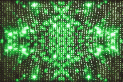 绿色矩阵数字背景。抽象的网络空间的概念。人物倒了。来自符号流的矩阵。虚拟现实设计。复杂的算法数据黑客