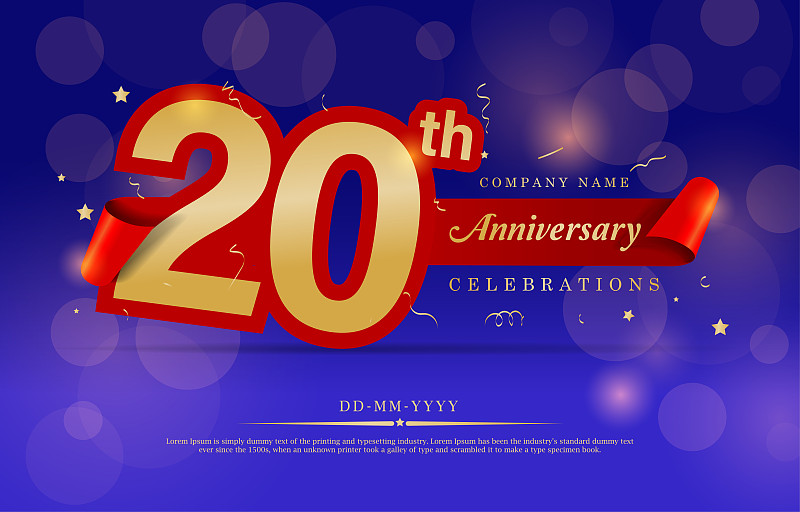 20周年庆祝活动。庆祝20年的标志与五彩纸屑在蓝色背景。金色的20号糖果闪闪发光。