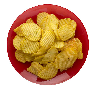 土豆片放在盘子里。在白色背景上孤立的薯片。垃圾食品