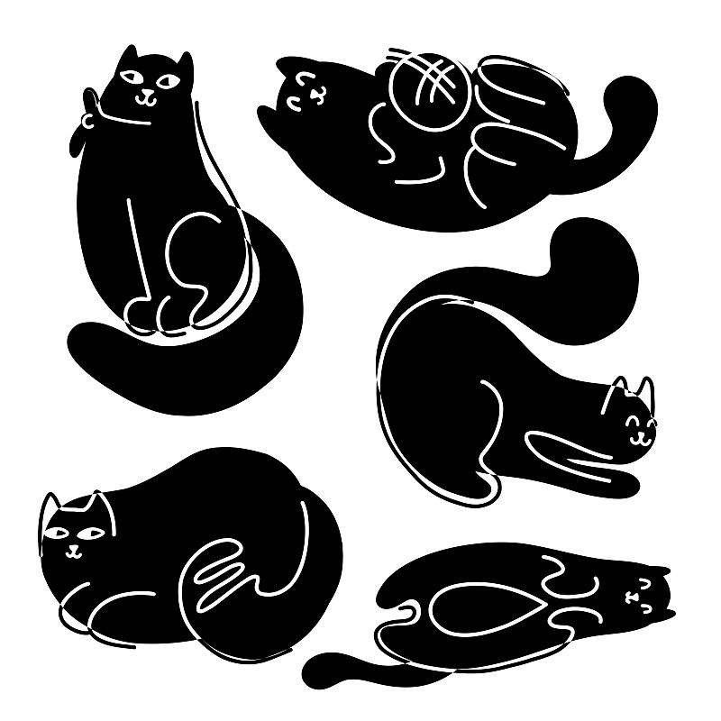 一套单色抽象的肥猫。画着轮廓的睡觉和休息的黑猫。矢量打印的宠物。