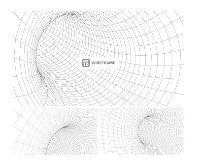 线框网格隧道中的抽象对象。一个景观概念的3D插图。