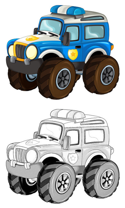 卡通素描场景与非公路警车-插图
