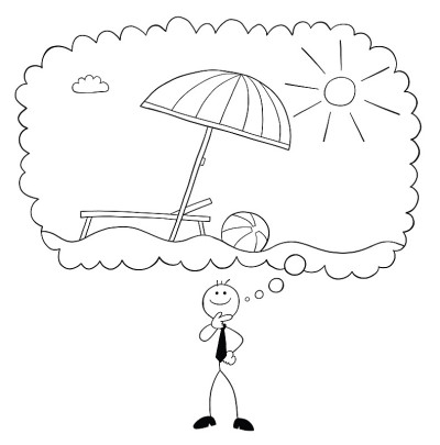 Stickman商人人物梦想去度假，矢量卡通插图