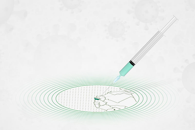 几内亚比绍疫苗接种概念，几内亚比绍地图中的疫苗注射。新型冠状病毒(COVID-19)的疫苗和接种。