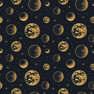 无缝模式与金色天体行星。金色的星系背景与星星和月亮。矢量隔离空间纹理。