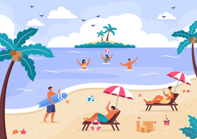 快乐的夏天时间在海滩海边矢量插图背景，壁纸或横幅