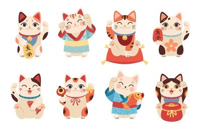 日本maneki猫。亚洲吉祥娃娃，可爱的举爪动物，民族传统和文化象征，搞笑的钱和幸运猫。矢量卡通平面