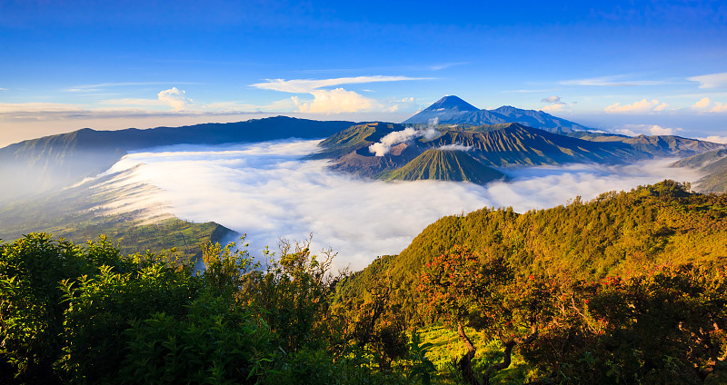 印尼泗水，东爪哇，日出时的布罗莫火山全景