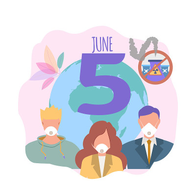 世界环境日。6月5日。地球污染，全球变暖，温室气体排放。五彩缤纷的矢量插图。