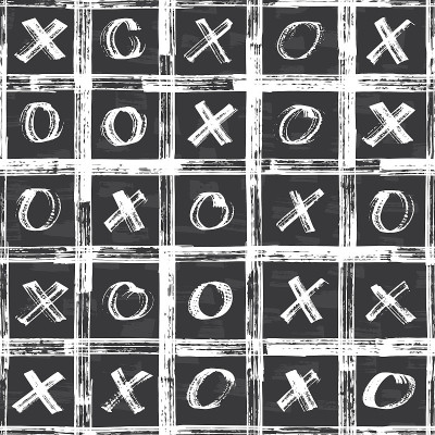 Chalk Tic Tac - toe game无缝图案。带有十字标记和圆圈的矢量抽象图案。手画的背