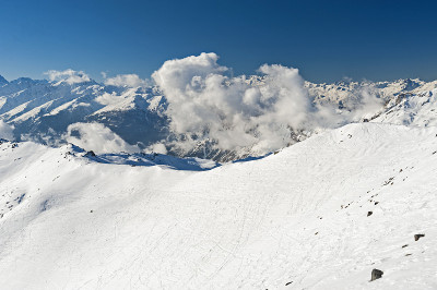 全景式下的雪覆盖山谷在阿尔卑斯山脉