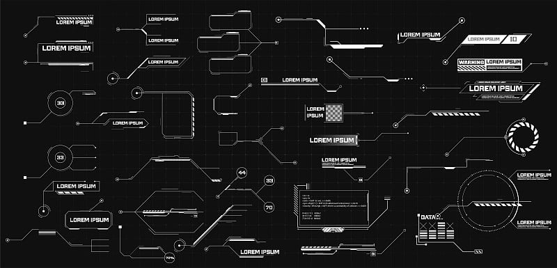 未来的界面hud设计。数字数据可视化。现代数字通信。插图的编号标题。大集合标注栏标签，信息呼叫框栏，