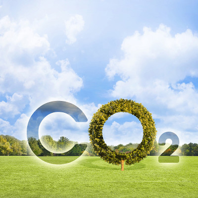 减少二氧化碳的排放量-概念与CO2图标文本和树的形状与绿色修剪草坪与树木的乡村场景和复制空间