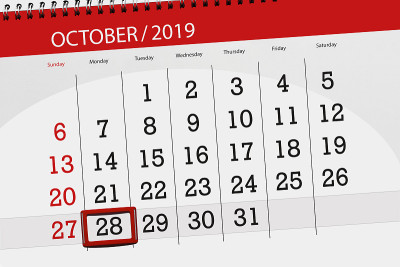 日历计划2019年10月，截止日期，28日，周一